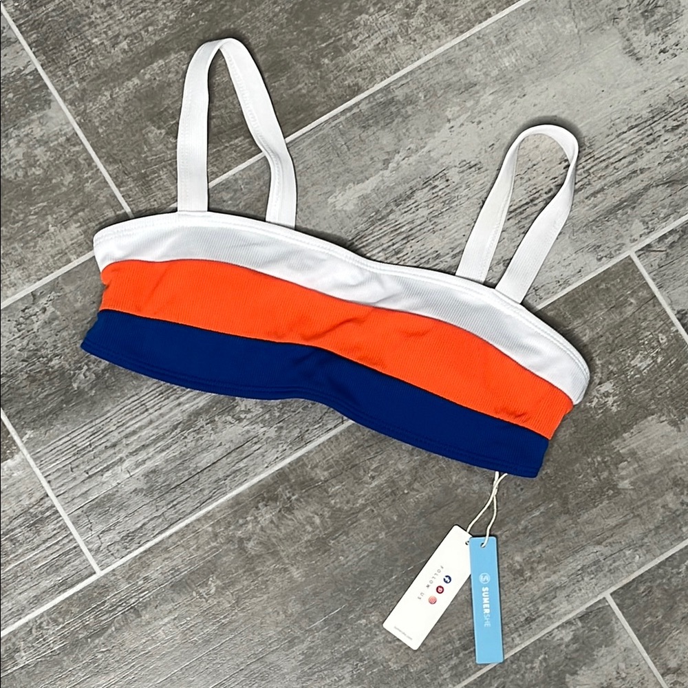 White, Orange, and Blue Bandeau Crop Top